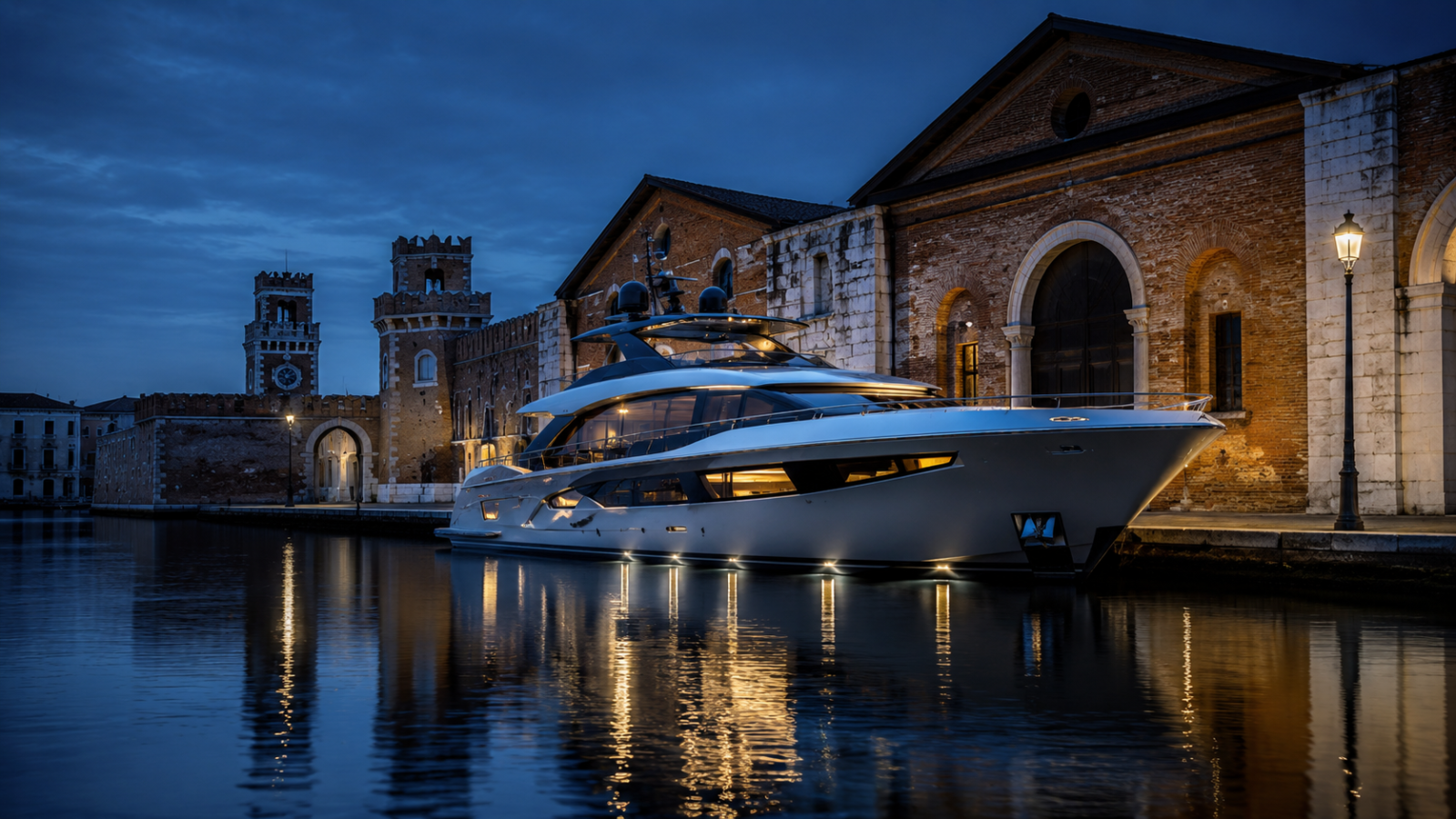 Yachts moored along the docks of the Arsenale di Venezia during the Venice Boat Show