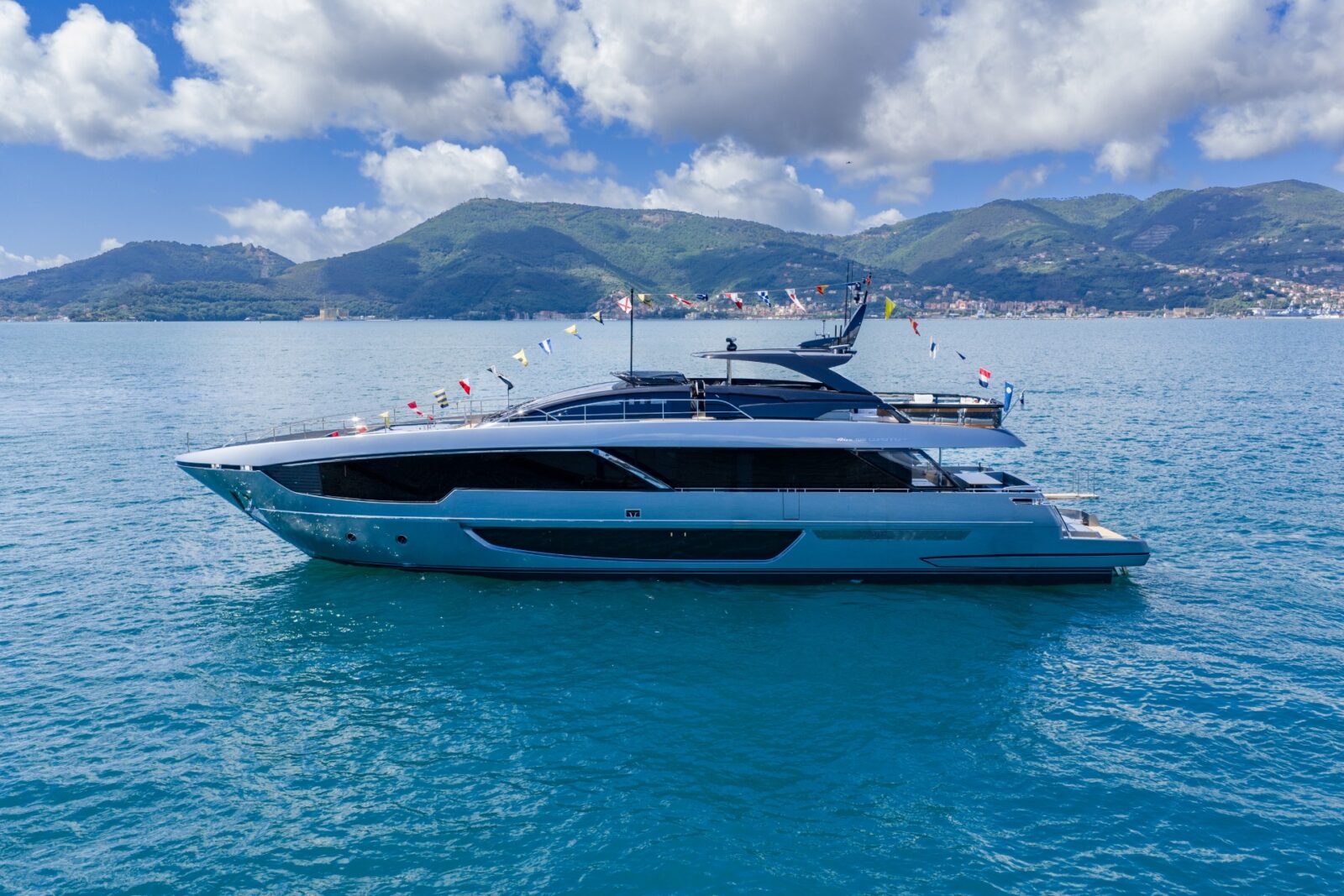 Riva 102' Corsaro Super yacht moored at the La Spezia shipyard on launch day.