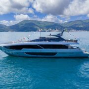 Riva 102' Corsaro Super yacht moored at the La Spezia shipyard on launch day.