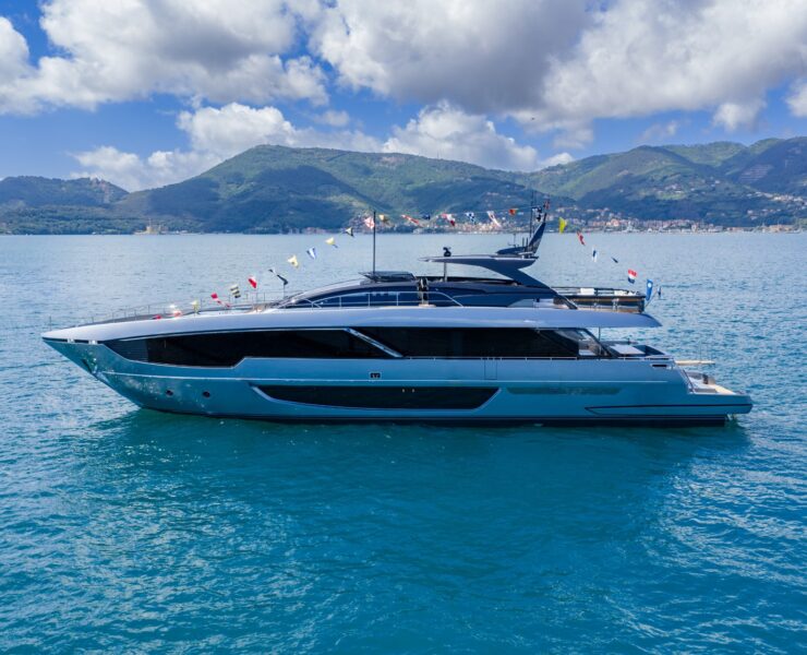 Riva 102' Corsaro Super yacht moored at the La Spezia shipyard on launch day.