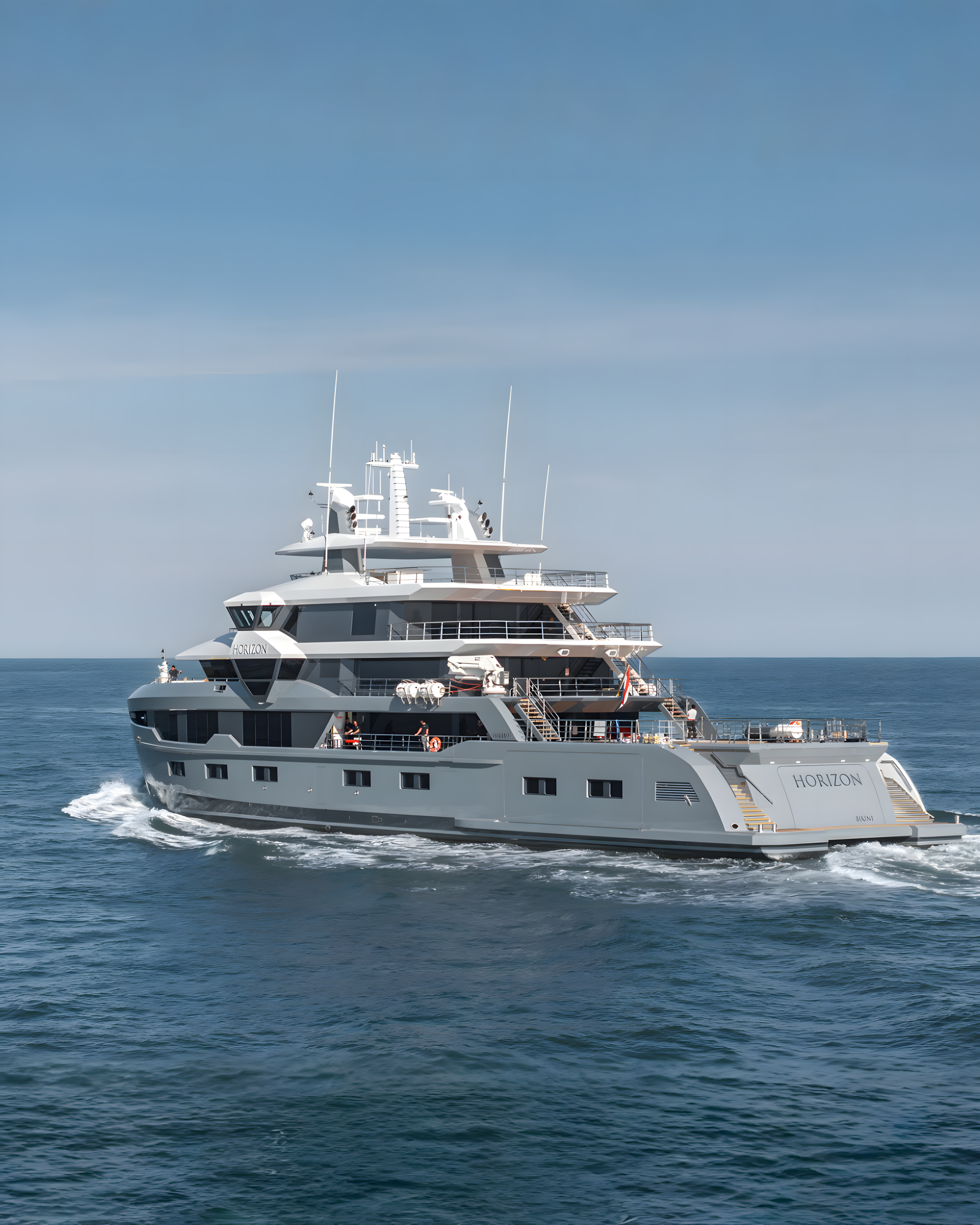 Horizon II Leapher Yachts explorer superyacht stern view underway showing HORIZON name