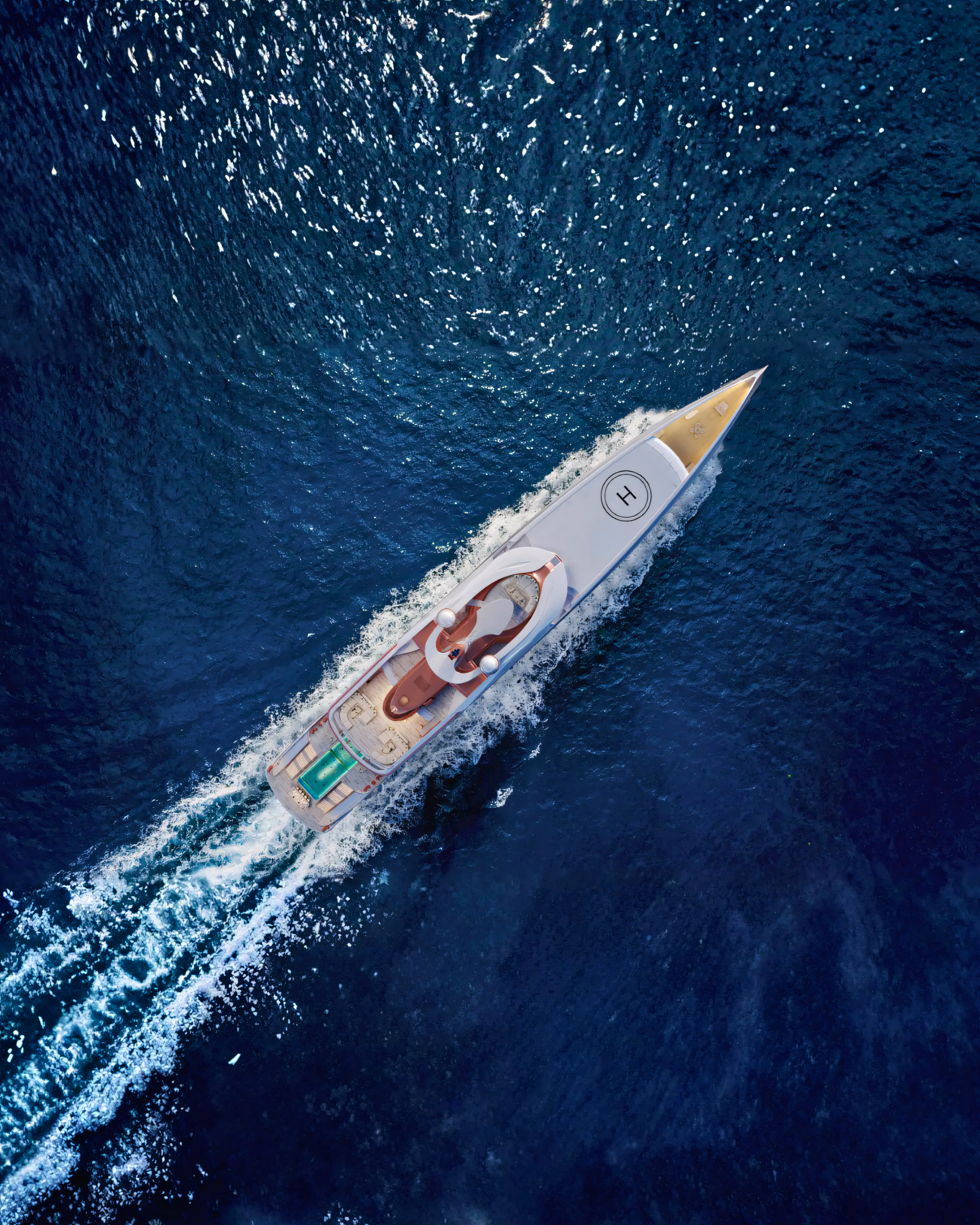 Aerial overhead view of the Project ELF superyacht and helipad