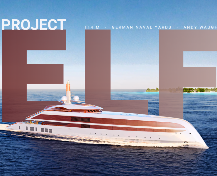 Project ELF 114m superyacht rendering at sea