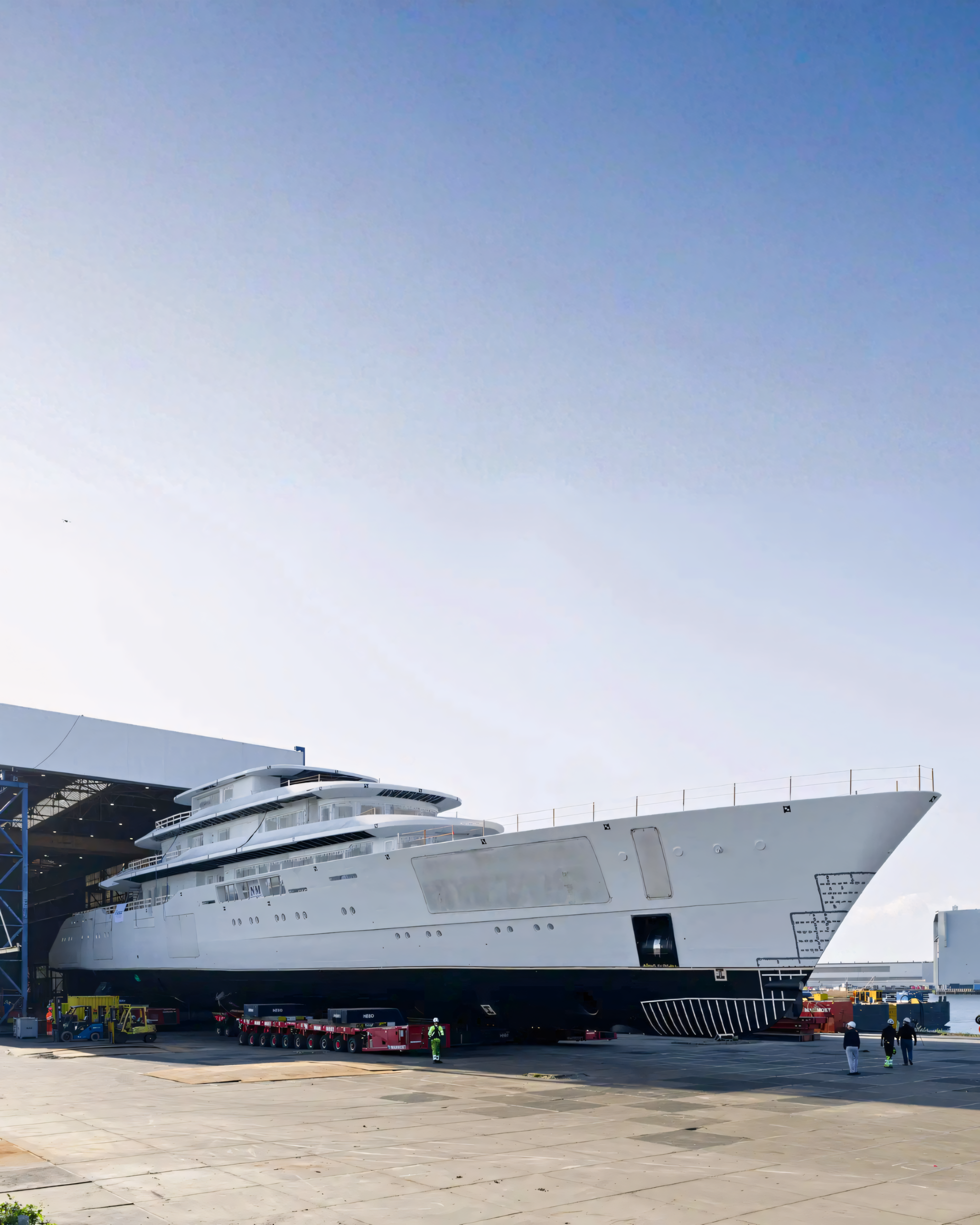 Project Solent's 83m hull on a transporter at the Feadship yard