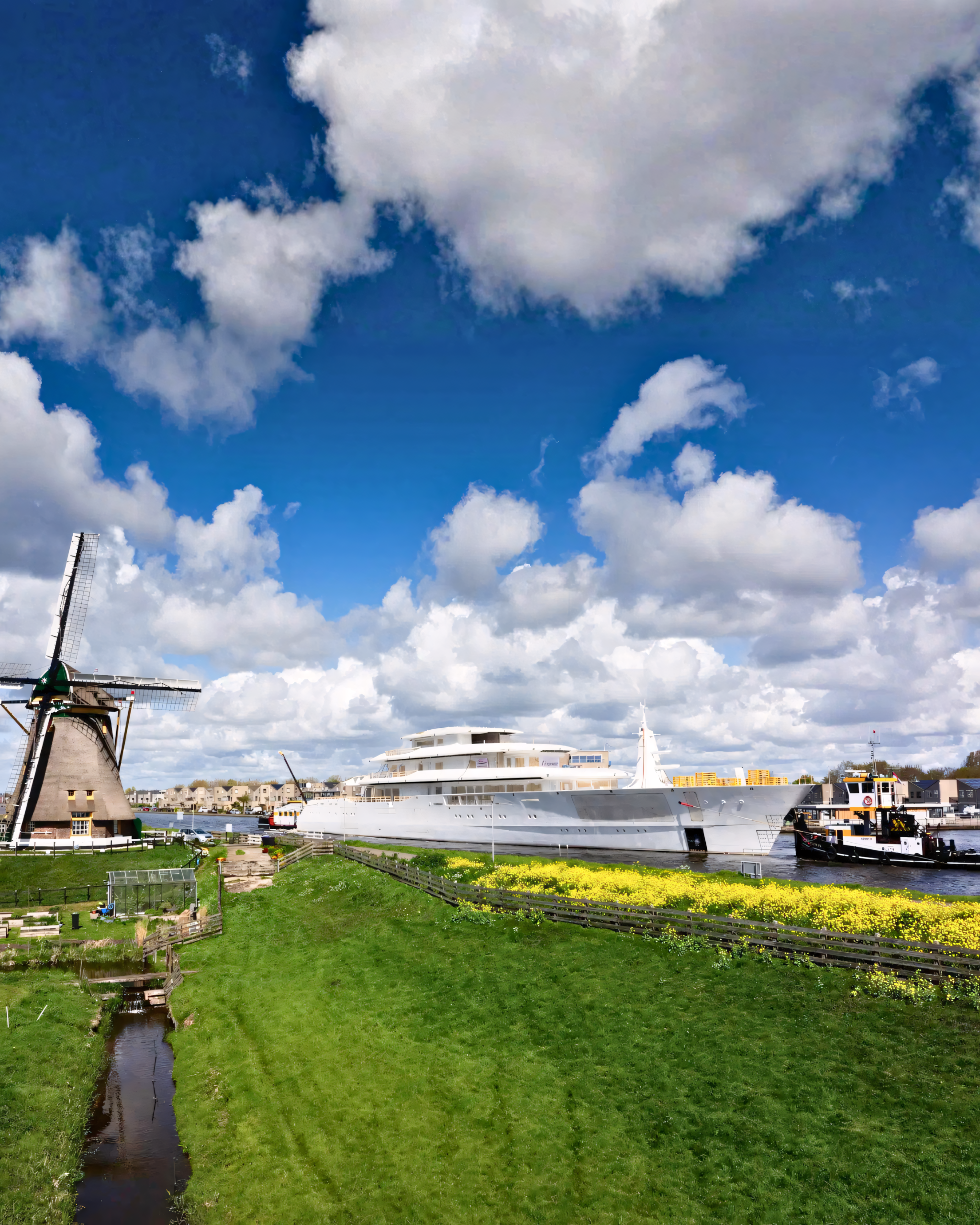 Project Solent passing a Dutch windmill en route to Kaag