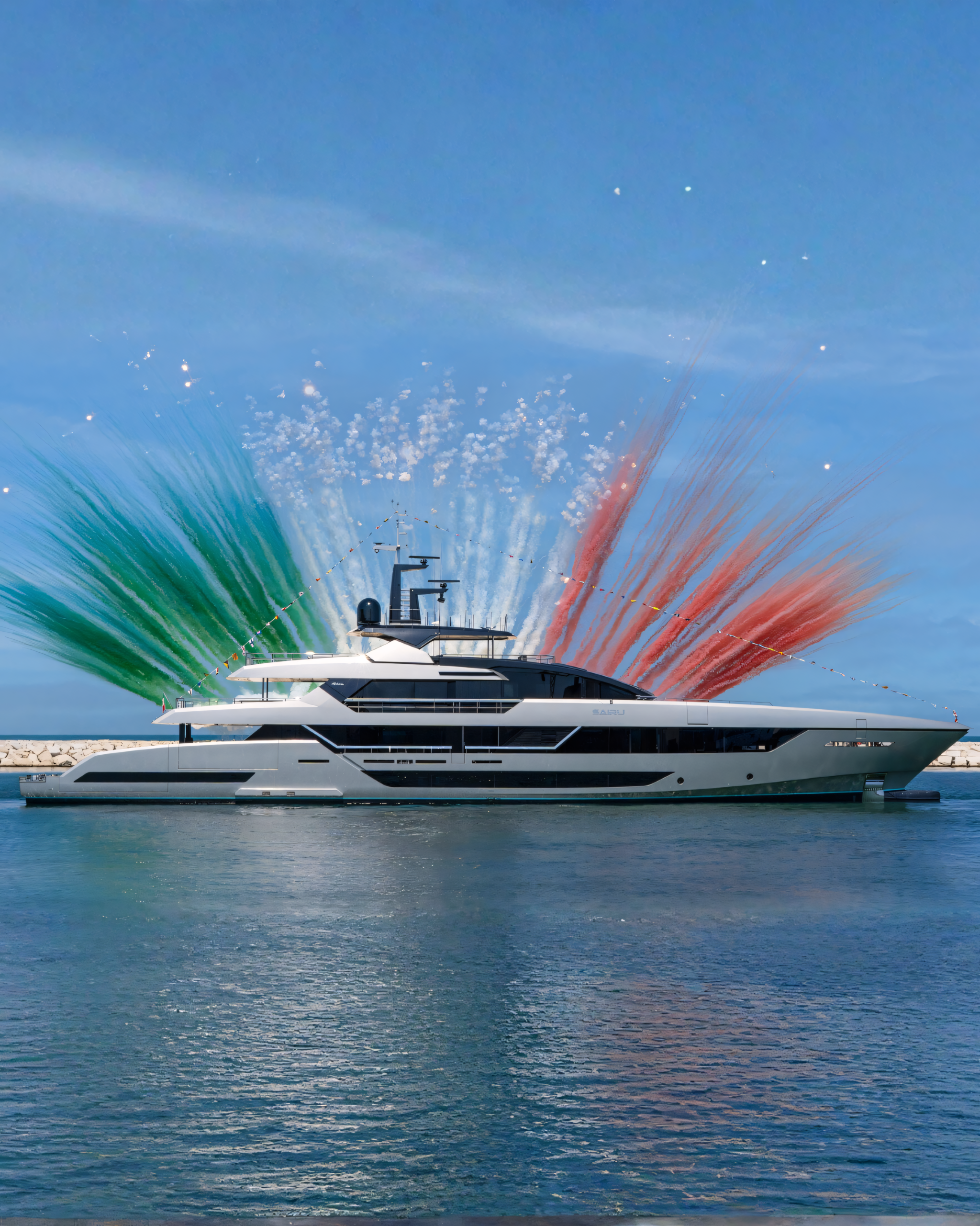 Sairu Riva superyacht launch ceremony at La Spezia shipyard with Italian flag fireworks