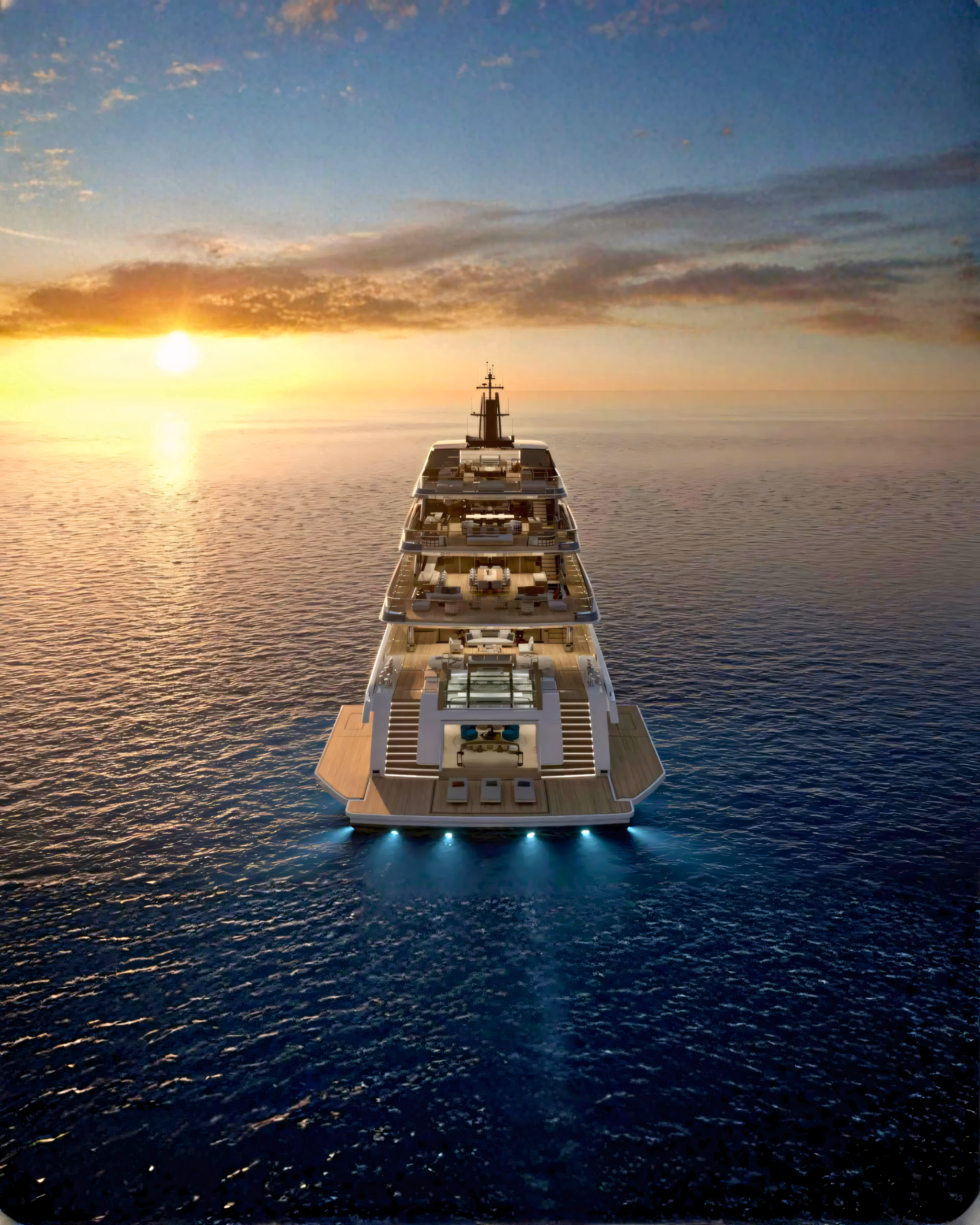 Aerial stern view of the Sanlorenzo 74 Steel looking down its tiered aft decks
