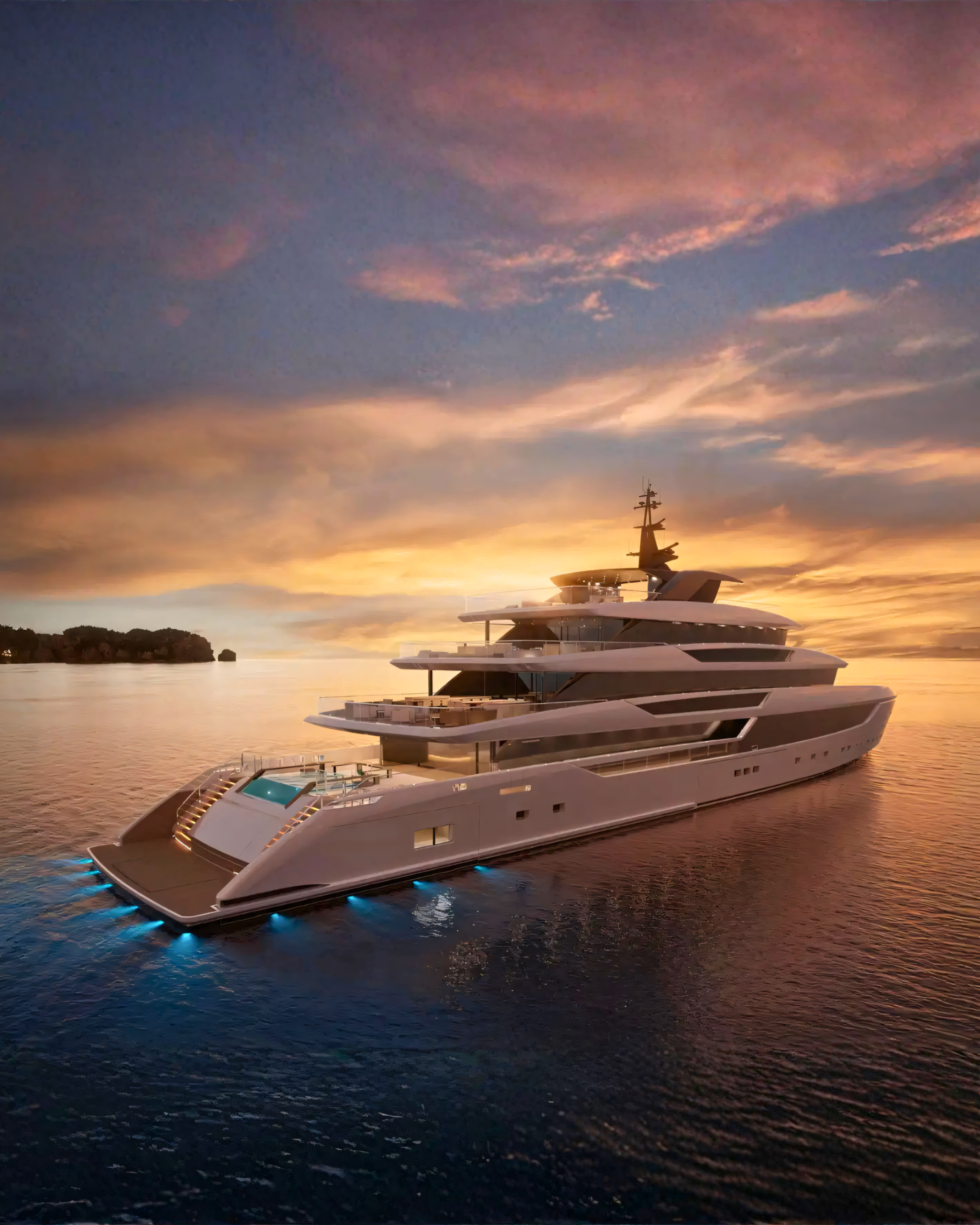 Aft view of the Sanlorenzo 74 Steel with pool and beach club at sunset